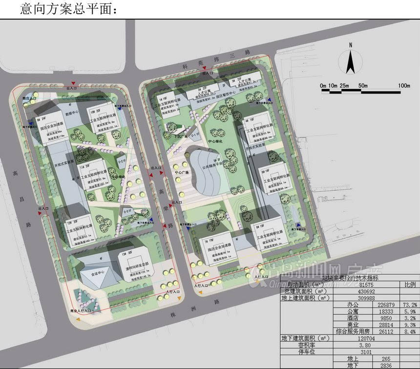 方案中该项目的规划总平面图可以看到,该地块将建设工业互联网孵化器7