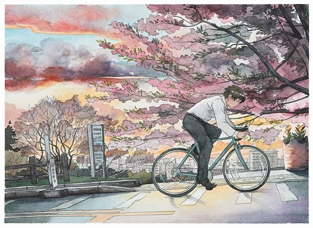 宫崎骏风格水彩画 单车男孩