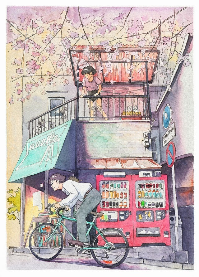 宫崎骏风格水彩画单车男孩