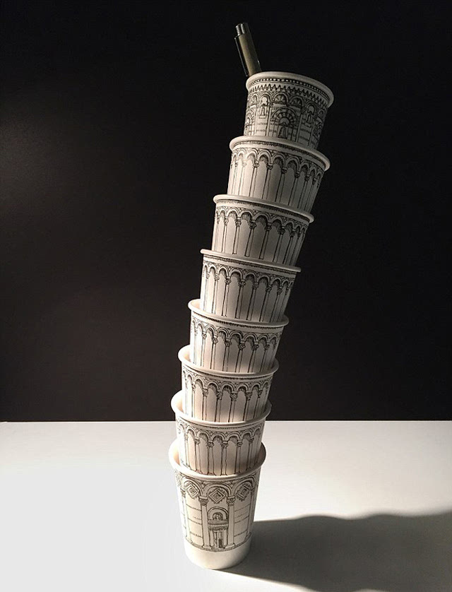 澳大利亚艺术家普利尔在纸杯上作画 并堆叠出"比萨斜塔" (网页截图)