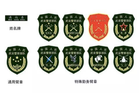 新式胸标分金属和织唛两款九类,用"武警""北京""8610(机动部队代号)""