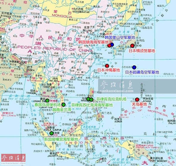 图为目前除越南金兰湾基地和泰国乌塔堡空军基地外,美军均已(或即将)