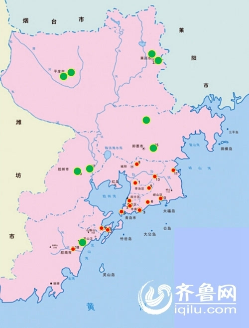 青岛市空气站点位分布图(小红圈是国省控点位,绿圈是市控点位)