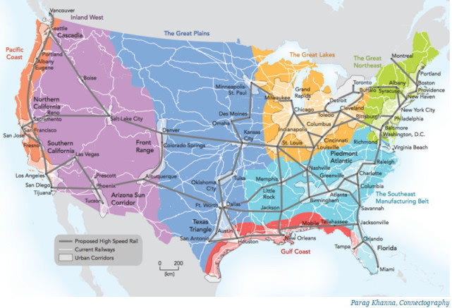 因此美国需要横贯美国大陆的高速铁路网,形成一个由城市构成的美国.图片