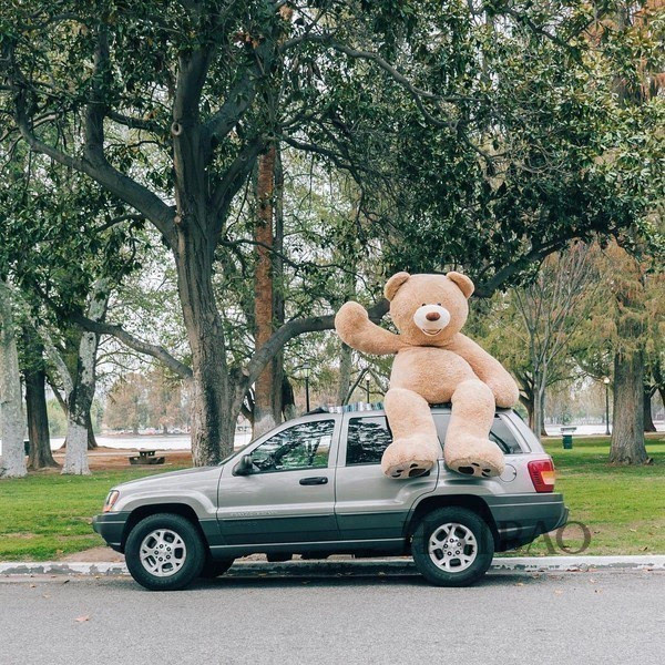 情侣带上2米3的巨型泰迪熊一起走遍全世界