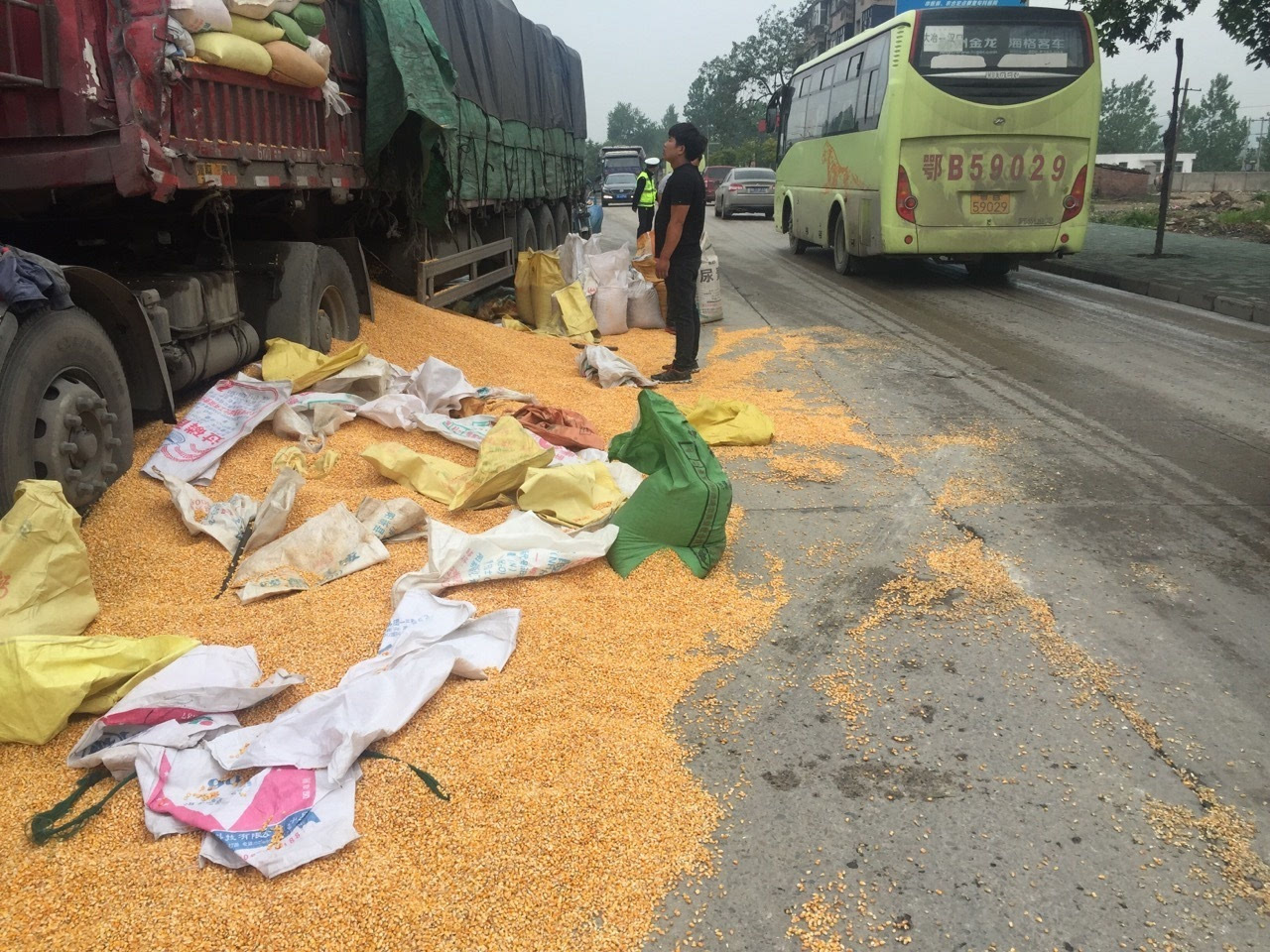 货车近10余吨玉米粒洒落 鄂州交警奋战4小时成功转移