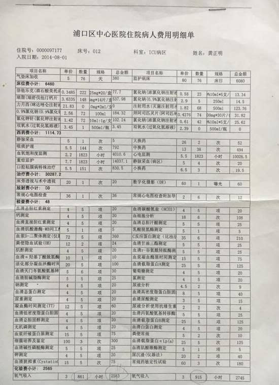 浦口区中心医院住院病人费用明细单,入院日期为2014年8月1日