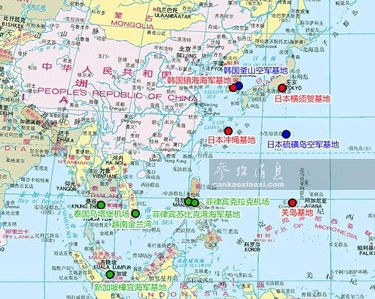 资料图:美军关岛基地及中国周边其它美军基地位置示意图.