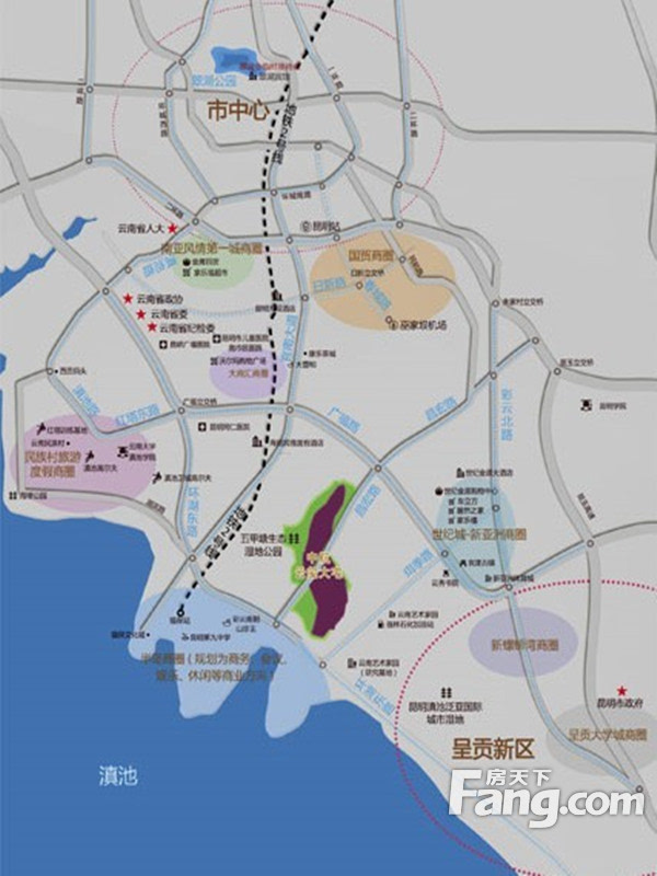 昆明主城,呈贡新城,南市区副中心的2横4纵交通网络,规划中的2号轻轨福