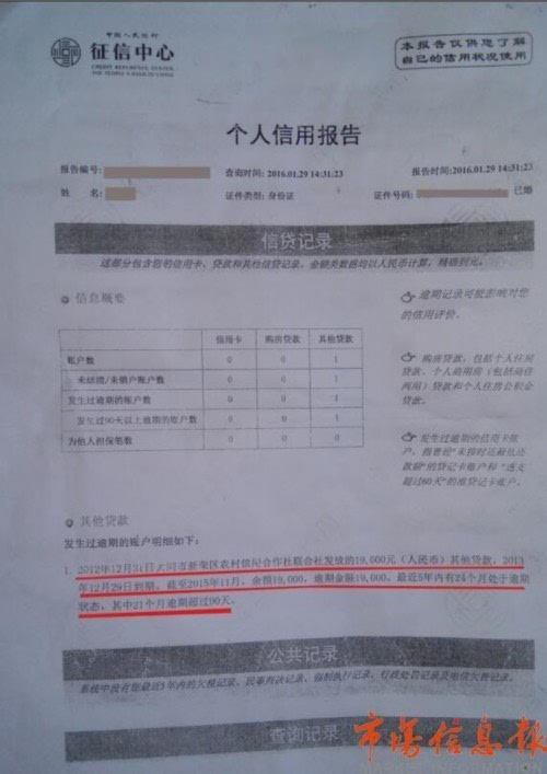 摘要说明:田海军于2016年1月份打印的个人信用报告中显示他有19000元
