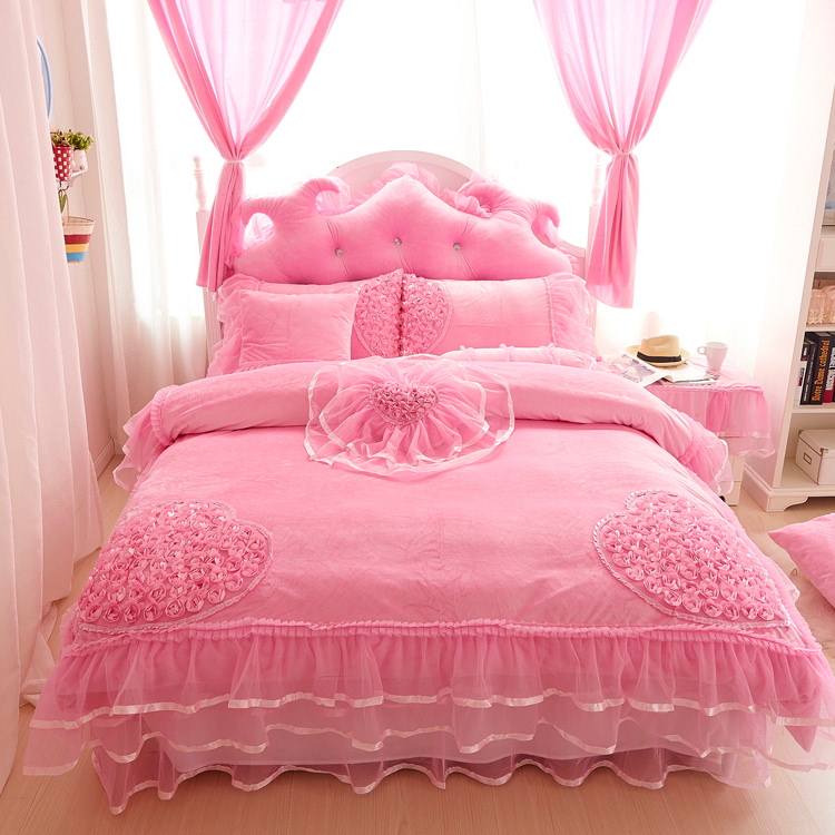 韩式公主粉色爱心水晶绒保暖四件套 床头夜灯是仙女的魔法