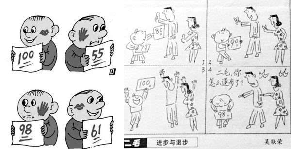 芜湖漫画家夏明所绘全国卷漫画作文题(左)和江苏高邮一名小学老师吴