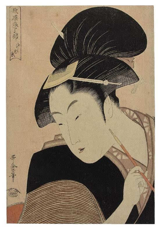 日本江户时期浮世绘画家喜多川歌麿(1806年逝世)的版画《深沉暗恋》以