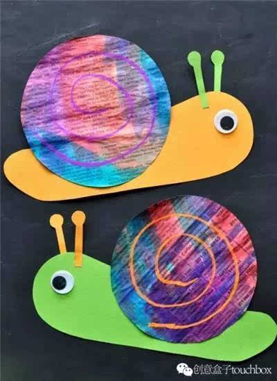 报纸蜗牛  这样简单地涂涂画画,剪剪粘粘也可以做好一只可爱的小蜗牛
