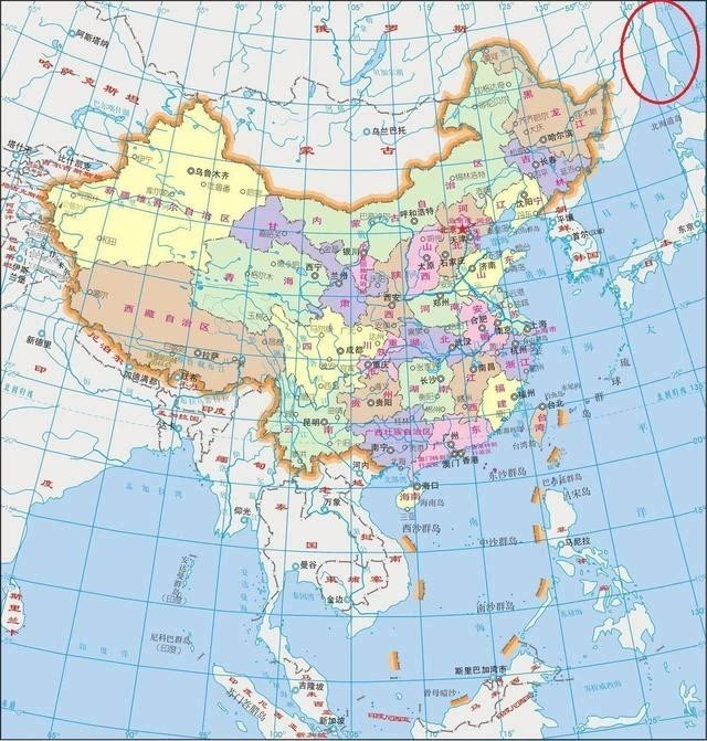 红圈处为新版中华人民共和国地图当中库页岛的位置图片