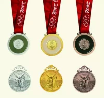 是一张北京奥运会金牌的照片,金牌上镶嵌着一