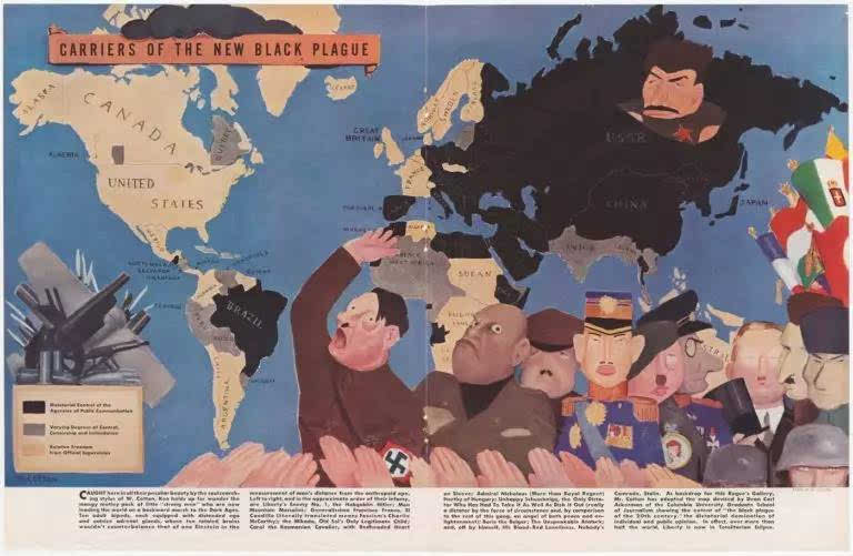 一幅关于极权主义对言论控制的讽刺漫画地图,发表于1938年.