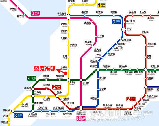 信达蓝庭福邸近地铁m1,m4号线(线路图源自青岛地铁官方网站)