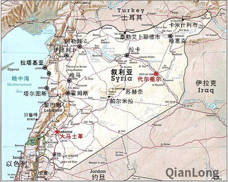 叙利亚热点地区及代尔祖尔地理位置示意图.