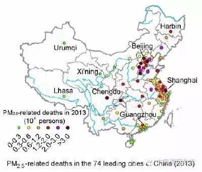 南京大学学者绘制中国pm2.5污染死亡地图:74个大城市图片