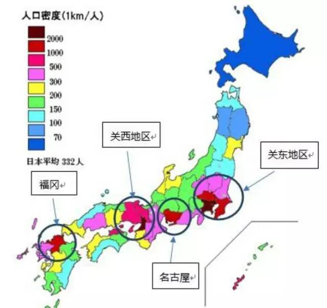 日本的人口集中在,关东,名古屋,关西以及福冈地区