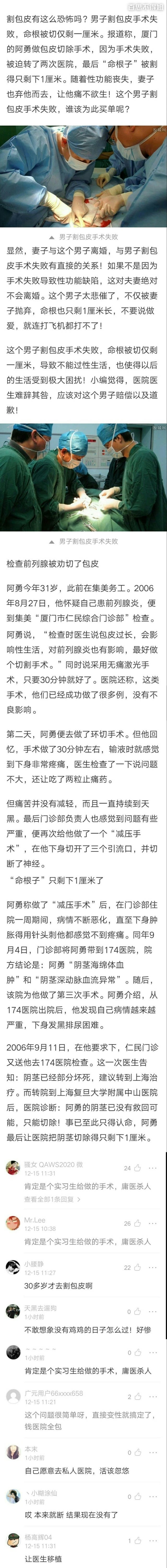 男子割包皮手术失败,命根被切仅剩一厘米太悲催了