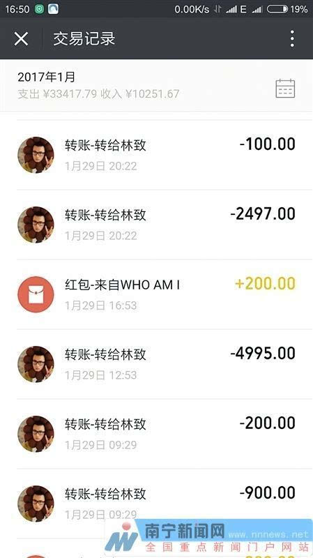 小罗都是通过微信转账将钱给"林致",这是部分转账记录