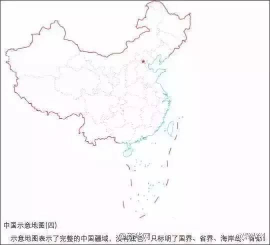 表示了完整的中国疆域,没有底色,只标明了国界,省界,海岸线,首都.