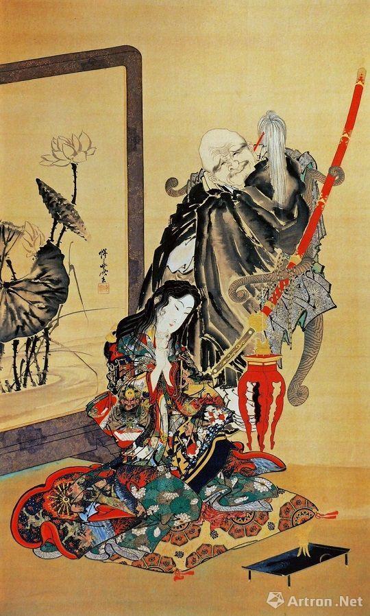 河锅晓斋《地狱太夫与一休》 河锅晓斋是幕末明治时期的浮世绘大师