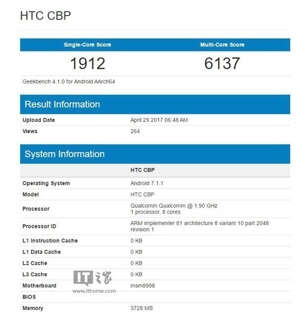 疑似HTCU11旗舰新机现身Geekbench:骁龙835+4GB内存