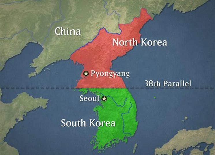 资料图:北纬38度线(the 38th parallel)地理位置示意图.