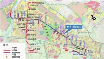 包头地铁1号线,2号线一期工程线路图,首开站为世纪鹿园站.