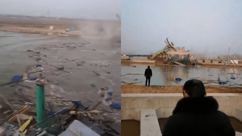 江苏盐城一在建桥梁发生垮塌，事发时画面曝光，现场打捞起多名落水人员
