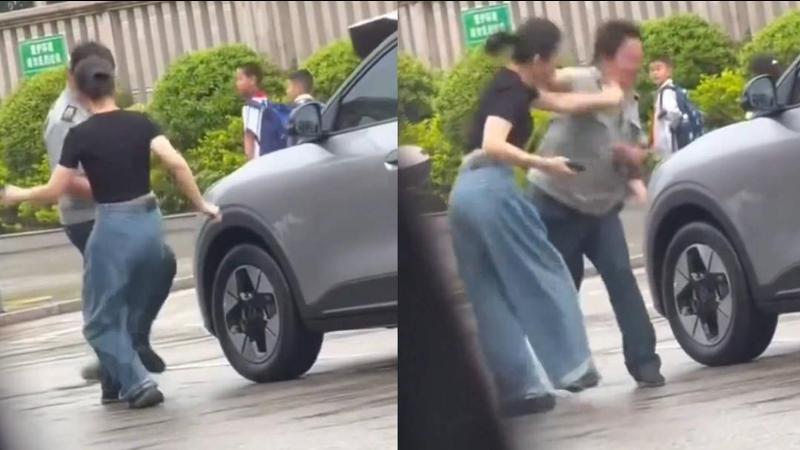 女司机因与保安发生口角，情绪失控上前踹了一脚，被反手扇了一耳光