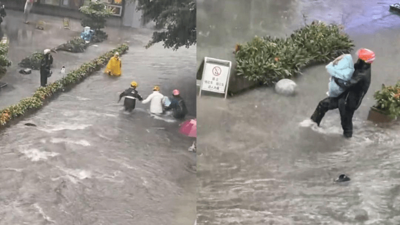 广州暴雨中一小孩被激流冲走，多名外卖骑手冲上前营救，平台回应