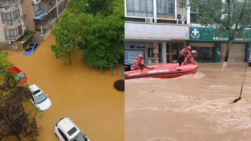 江西赣州遭遇暴雨，有居民称街道上积水淹到车顶，当地应急部门派出皮划艇救援