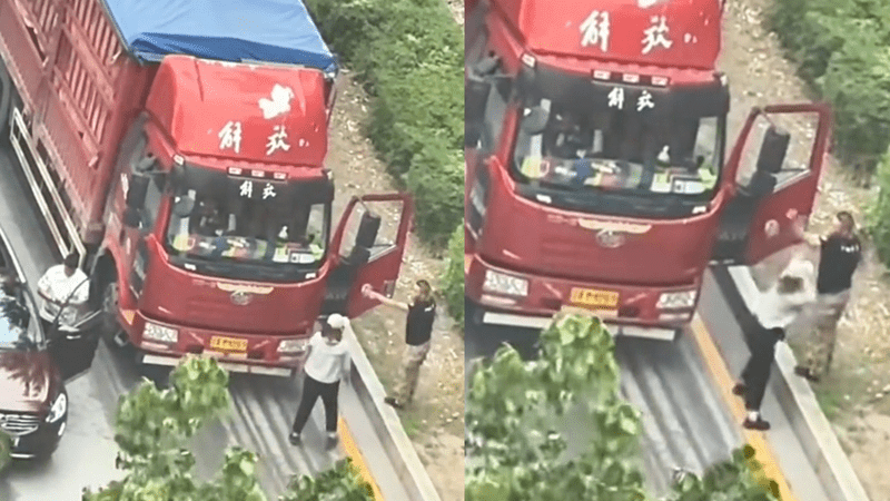 货车与越野车爆发冲突，货车司机妻子果断上前“咆哮式”制止丈夫，目击者发声
