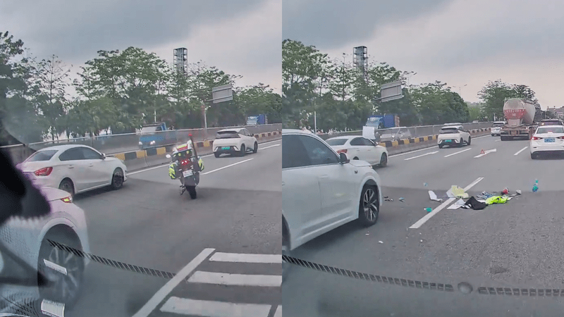 交警正在现场处理事故，警用摩托被后车直接撞翻，网友：得，交警也报警吧！