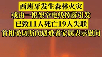 西班牙发生森林火灾，或由一根架空电线掉落引发已致11人死亡19人失联，首相桑切斯向遇难者家属表示慰问