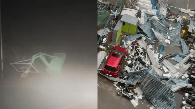 台风“红霞”画面曝光：刮倒篮球架、吹断灯杆，雨水像从高压水枪里射向地面