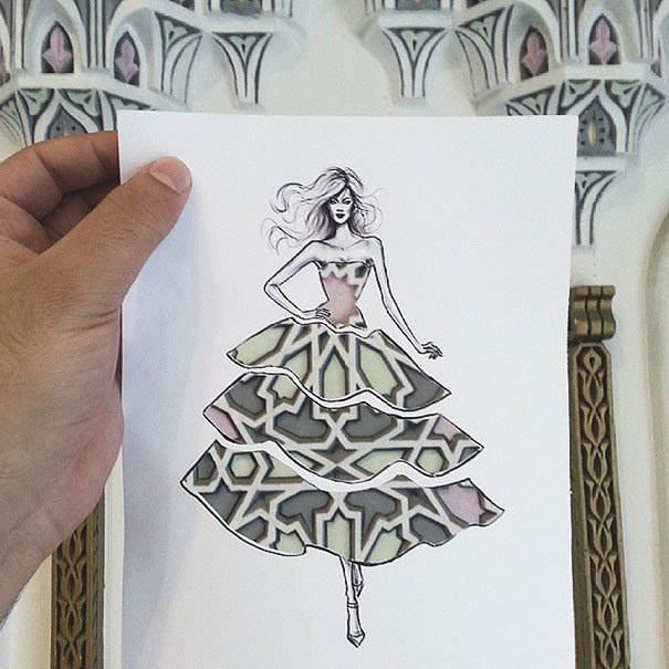 创意手绘与实景结合的连衣裙绘画作品