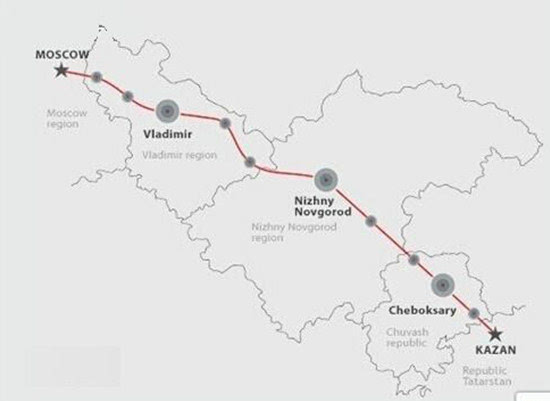 "莫斯科-喀山高铁"示意图    铁路建成后,莫斯科-喀山间列车图片