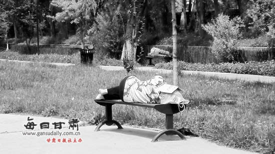 兰州市民公园内,两把长椅上,有两名市民睡在椅子上享受着"日光浴,很