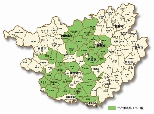 广西糖料蔗生产重点县(市,区)分布图