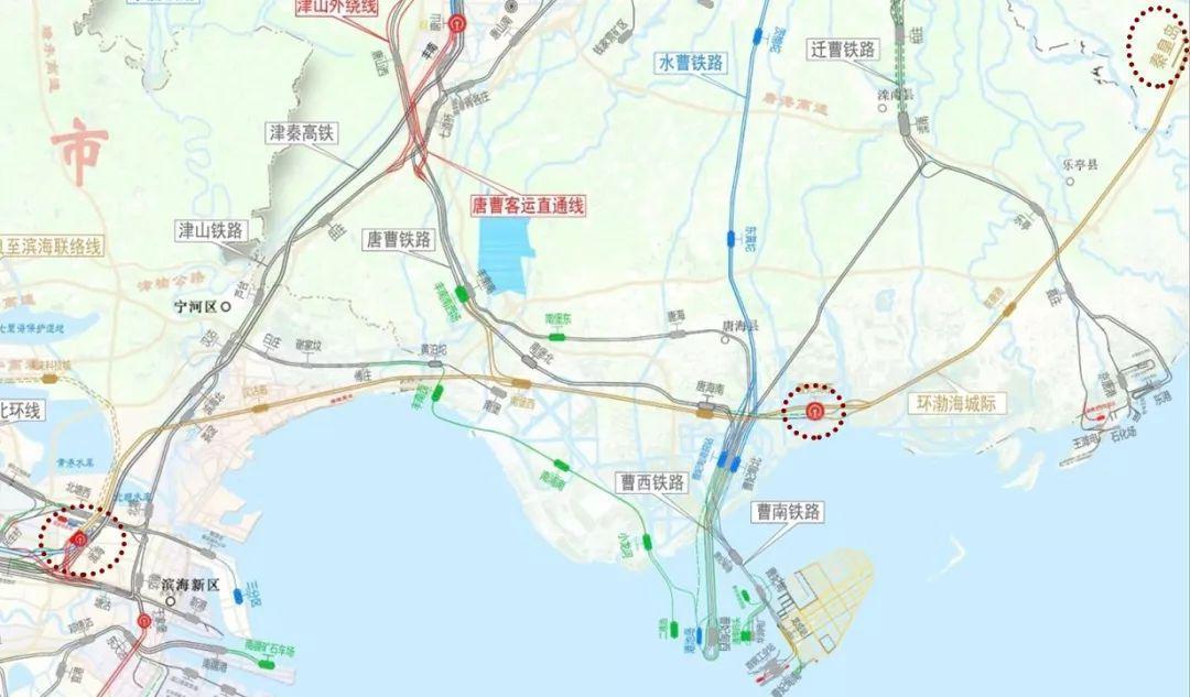 铁路,起自滨海西站,经汉沽南,南堡西,唐海南,曹妃甸东,京唐港至秦皇岛