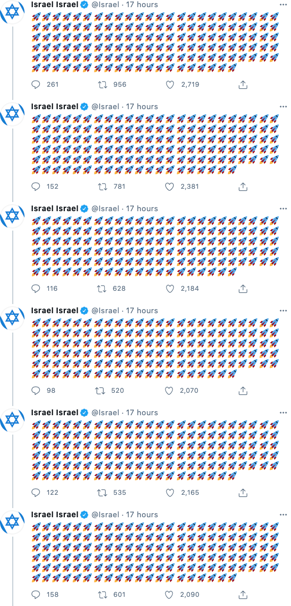 以色列外交部推特发出密密麻麻火箭符号刷屏