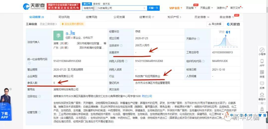 据天眼查显示，湖南拓祥shengwu科技有限公司成立于2020年7月23日，注册资金20