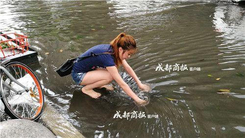 女子雨中光脚清下水道 网友盛赞