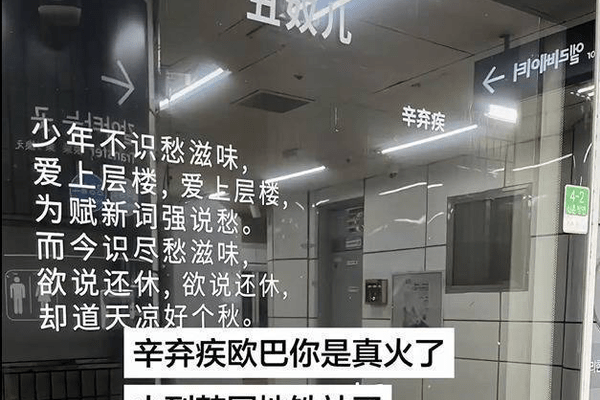 中国游客竟在韩国地铁站看到了辛弃疾的《丑奴儿》，打卡者：还有李白和杜牧的作品
