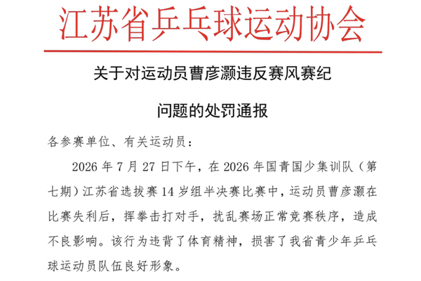 运动员曹彦灏比赛失利后挥拳击打对手，江苏省乒乓球运动协会发布处罚通报